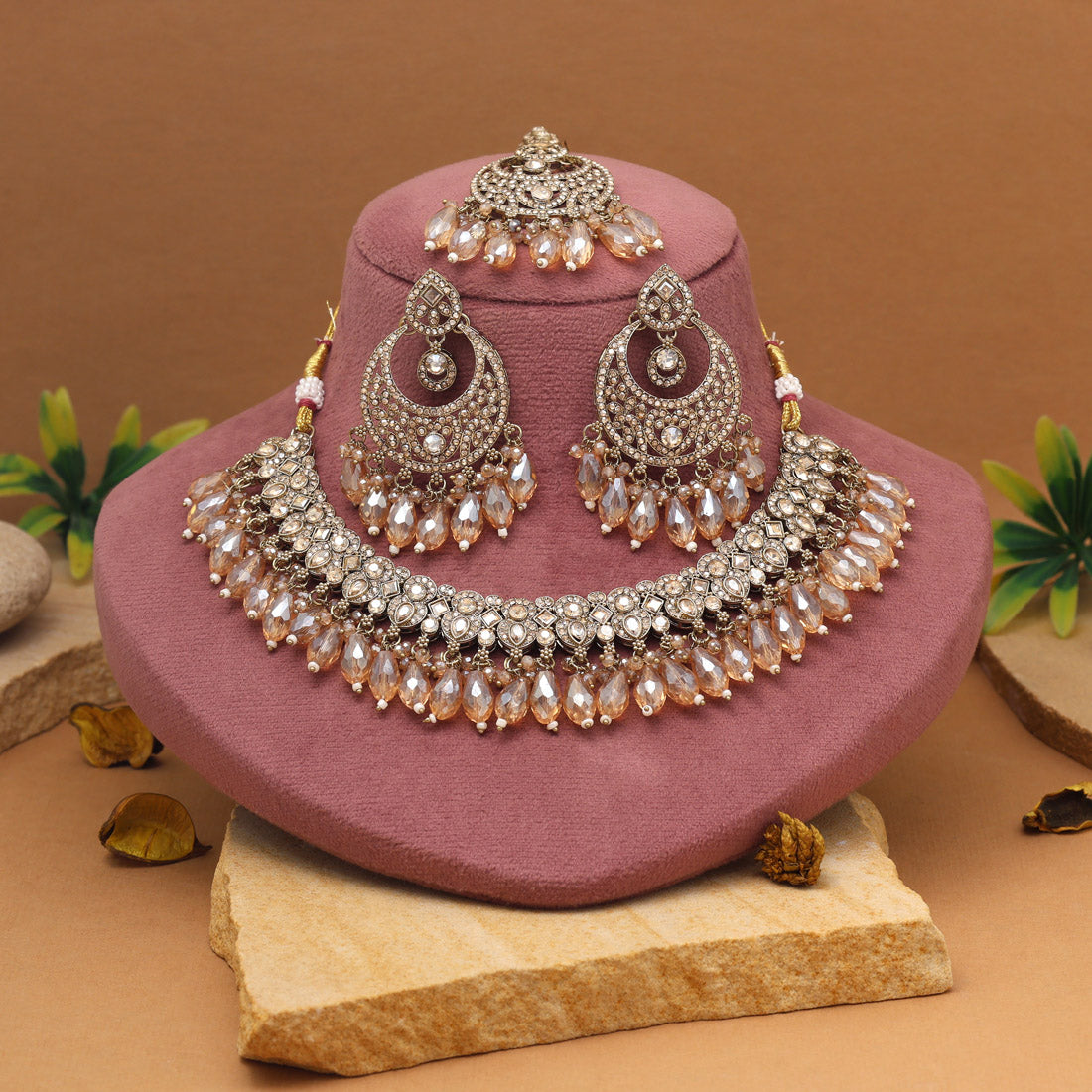 Kundan Necklace with Earrings & Tikka - gold | white