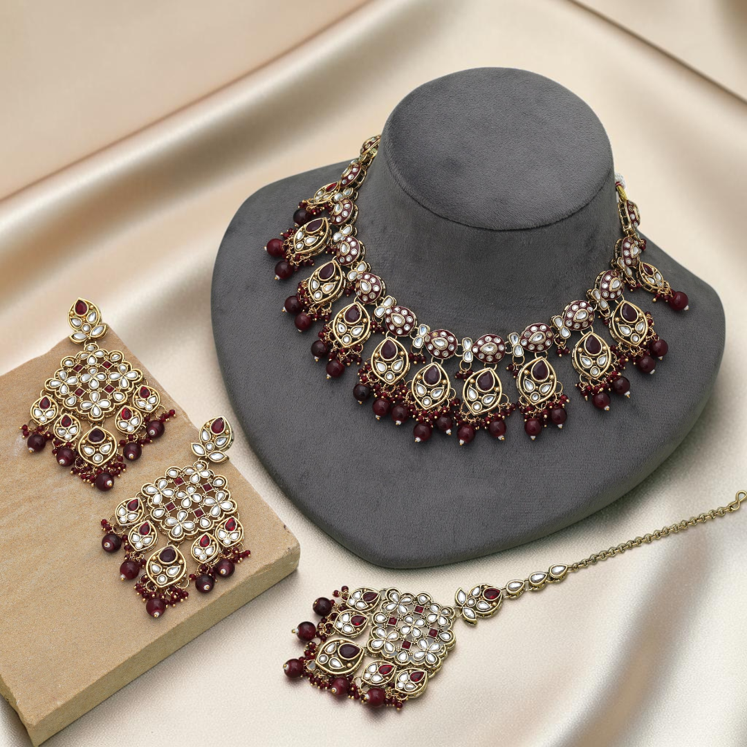 Kundan Necklace with Earrings & Tikka - gold | white