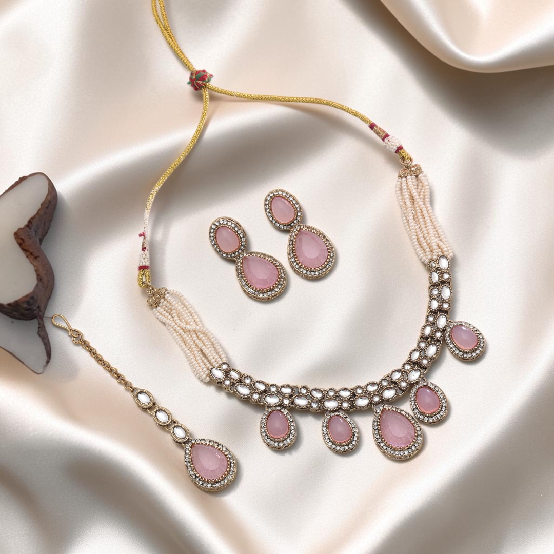 Kundan Necklace with Earrings & Tikka - gold | white