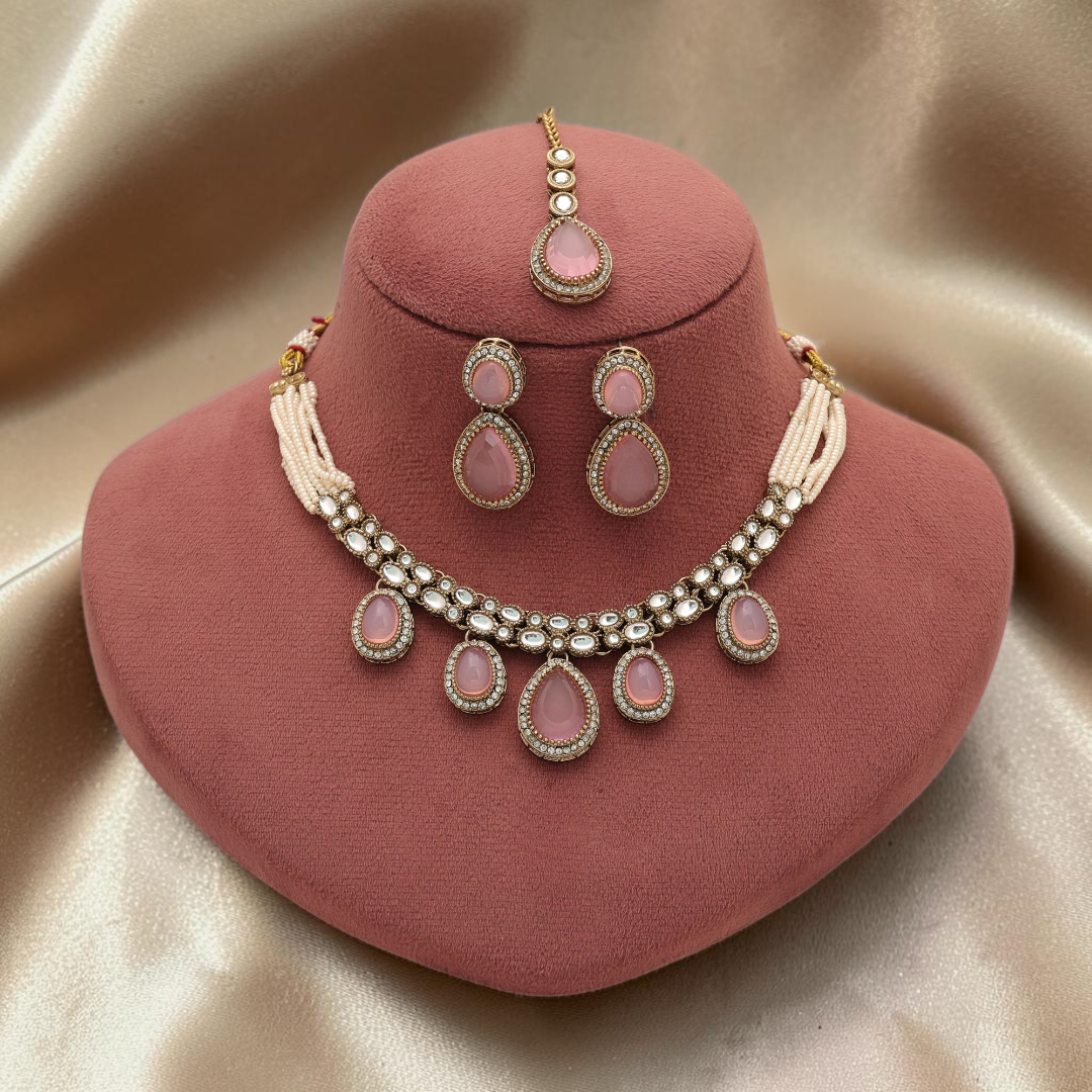 Kundan Necklace with Earrings & Tikka - gold | white