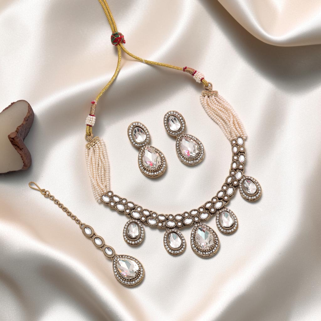Kundan Necklace with Earrings & Tikka - gold | white