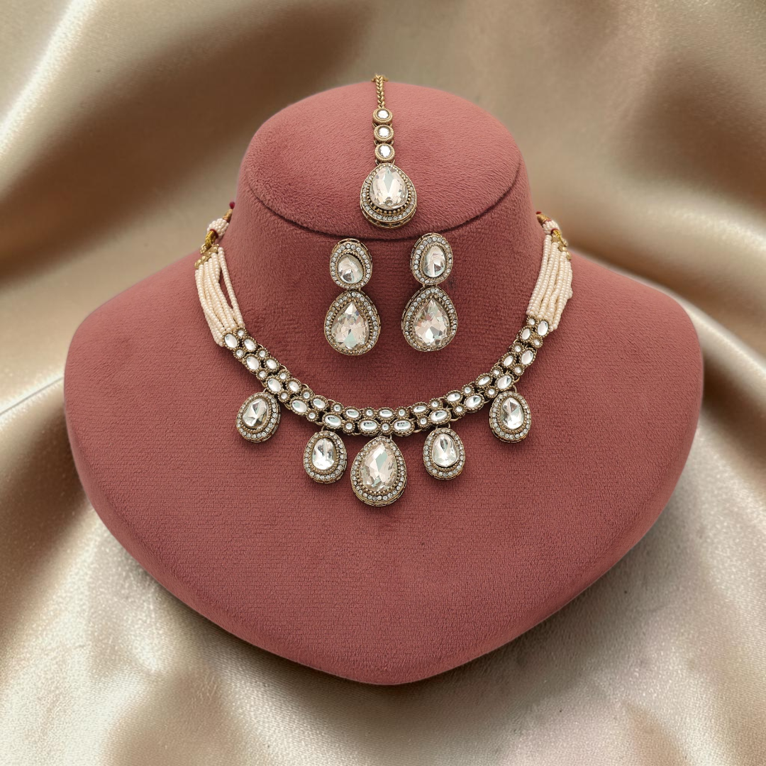 Kundan Necklace with Earrings & Tikka - gold | white