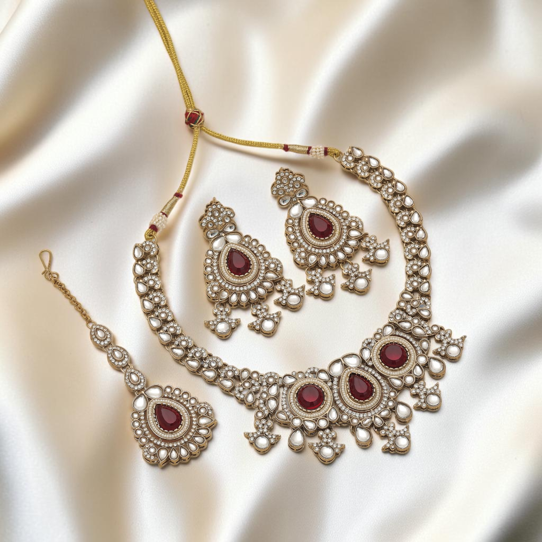 Kundan Halskette mit Ohrringe & Tikka - gold | maroon