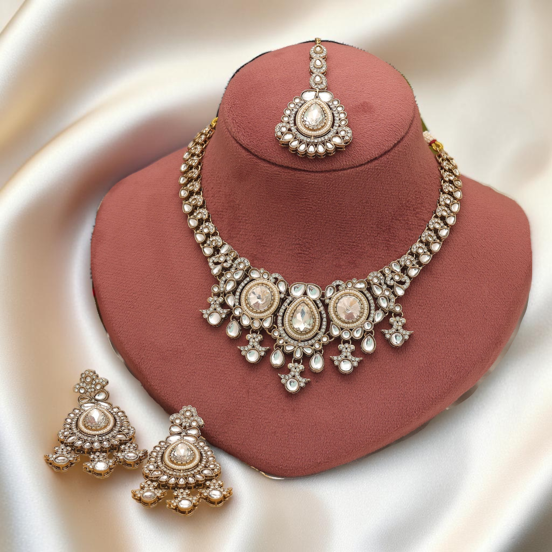 Kundan Necklace with Earrings & Tikka - gold | white