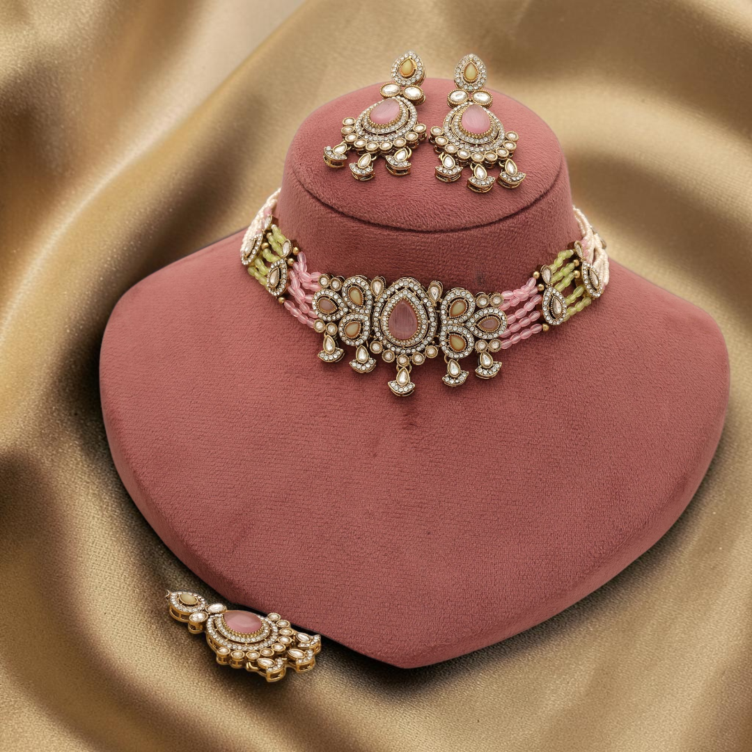 Kundan Halskette mit Ohrringe & Tikka - gold | Rosa, grün
