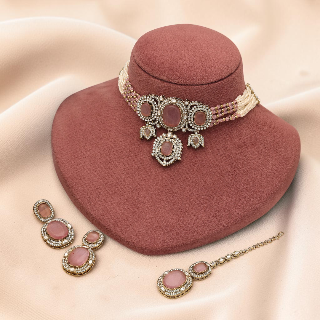 Kundan Halskette mit Ohrringe & Tikka - gold | rosa