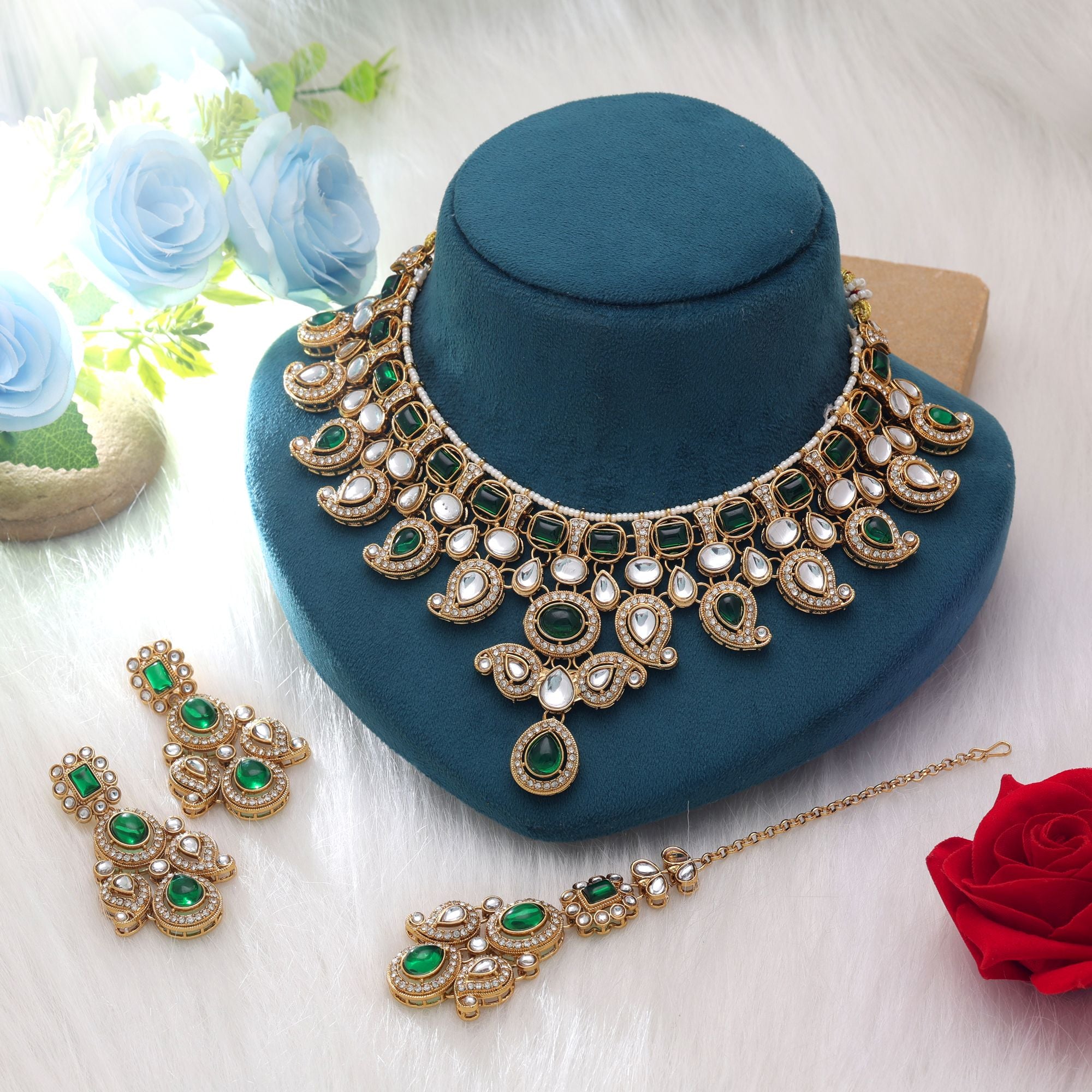 Kundan Necklace with Earrings & Tikka - gold | white
