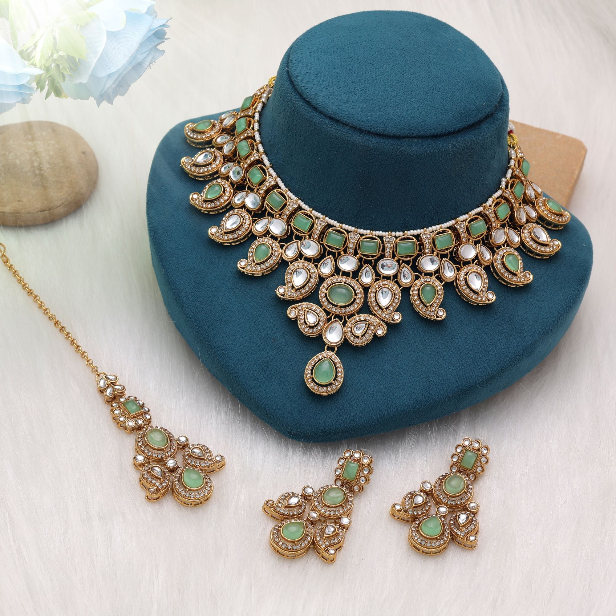 Kundan Halskette mit Ohrringe & Tikka - gold | mint