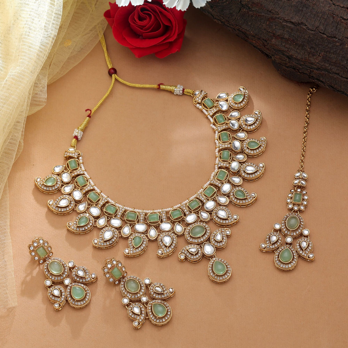 Kundan Halskette mit Ohrringe & Tikka - gold | mint