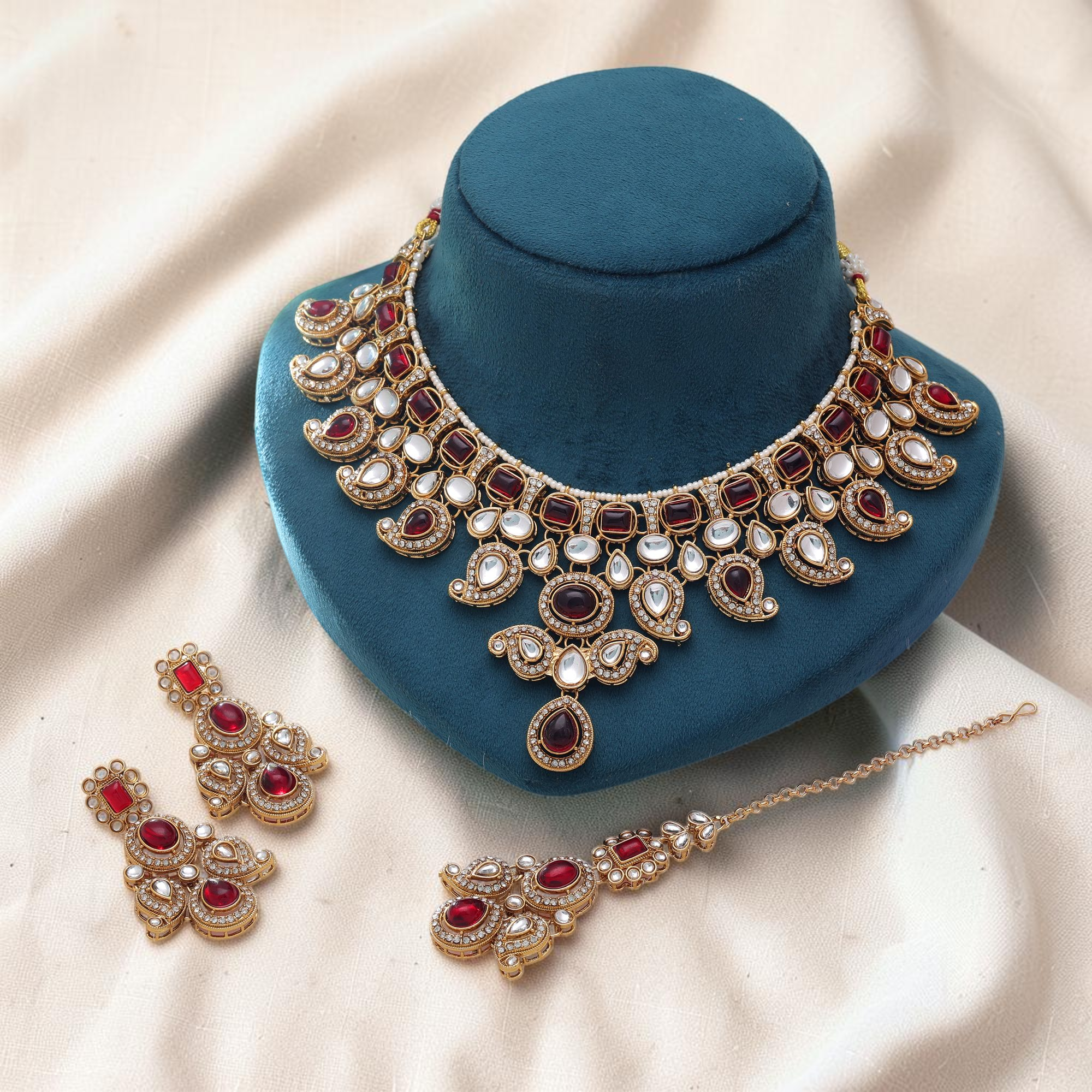 Kundan Necklace with Earrings & Tikka - gold | white