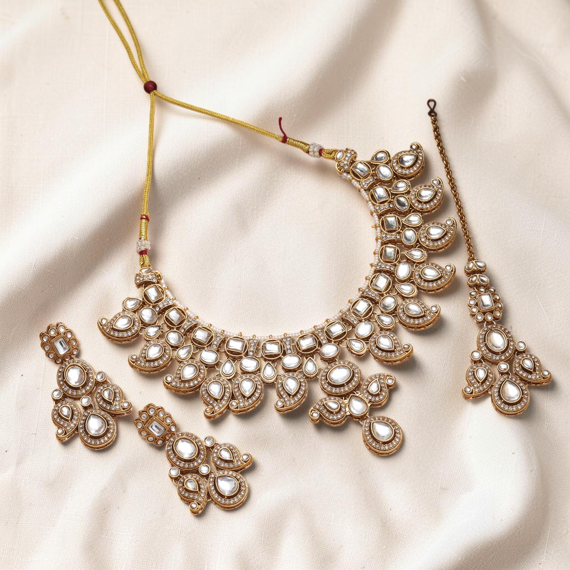 Kundan Necklace with Earrings & Tikka - gold | white