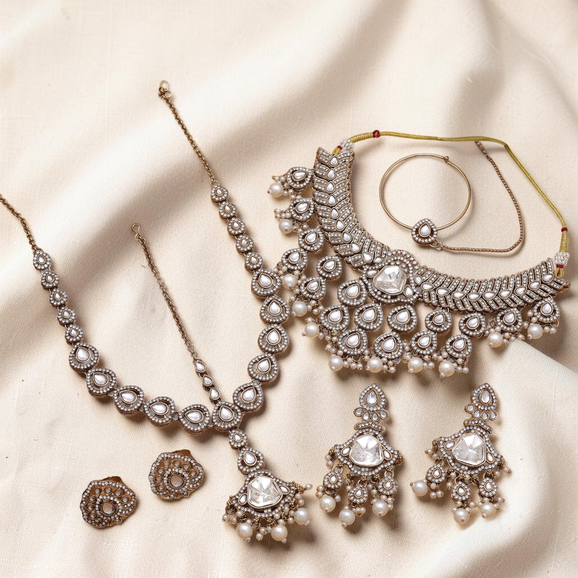 Kundan Necklace with Earrings & Tikka - gold | white
