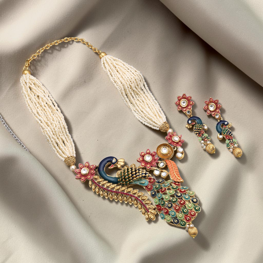 Kundan Necklace with Earrings & Tikka - gold | white