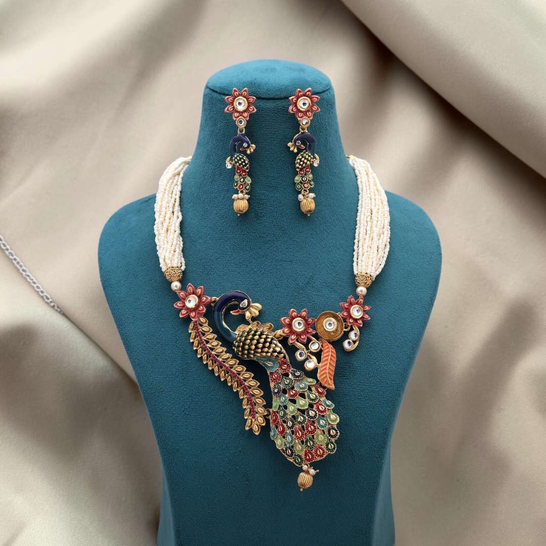 Kundan Necklace with Earrings & Tikka - gold | white