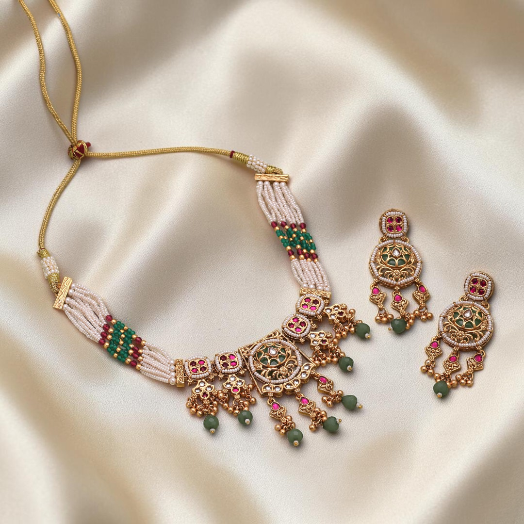 Temple necklace with earrings - matte gold
