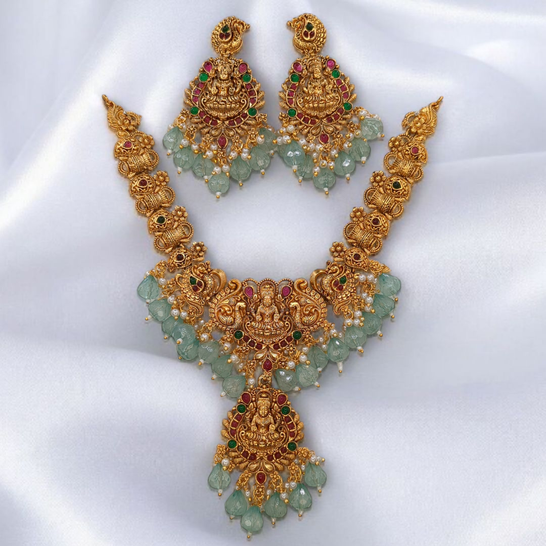 Tempel Halskette mit Ohrringe - gold | mint