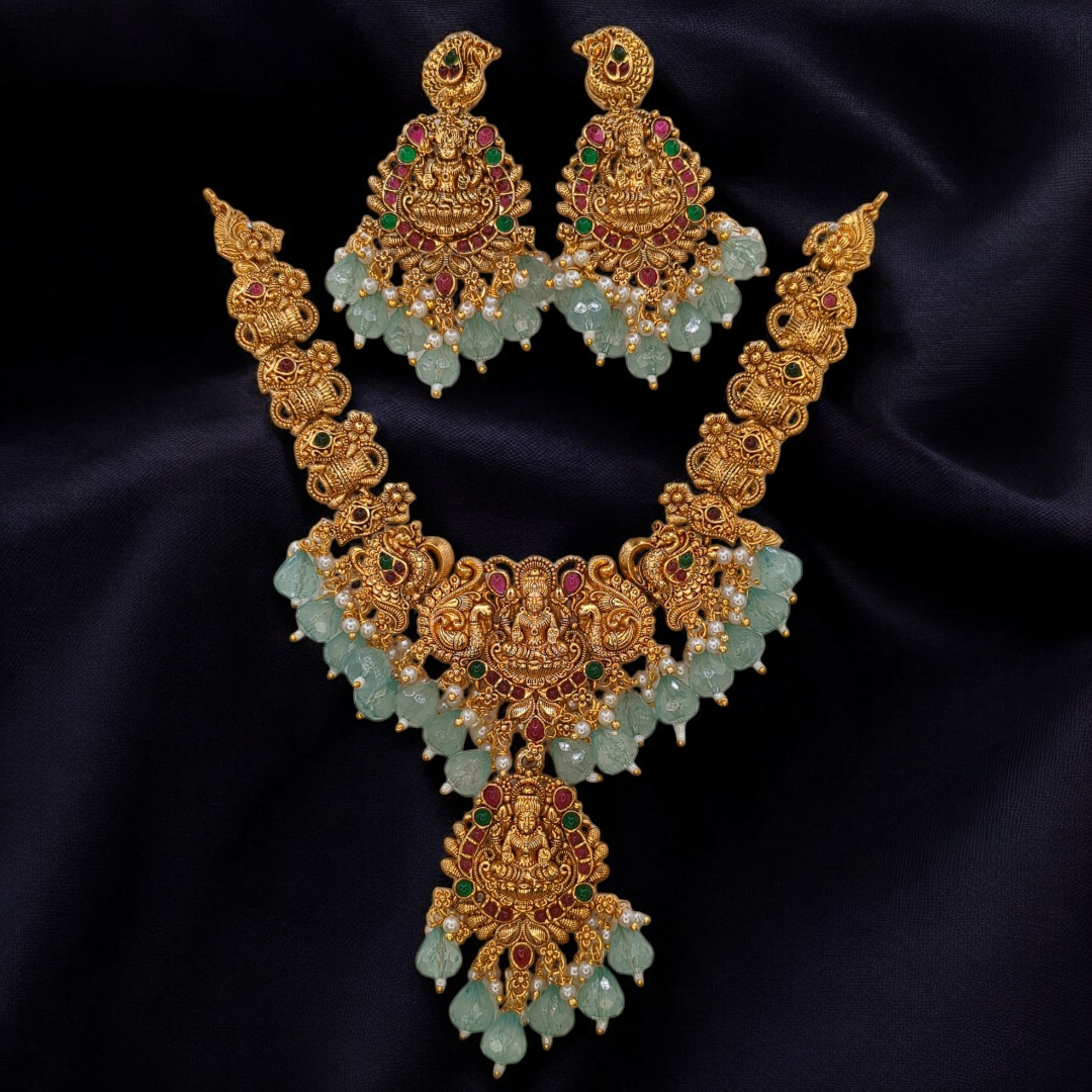 Tempel Halskette mit Ohrringe - gold | mint