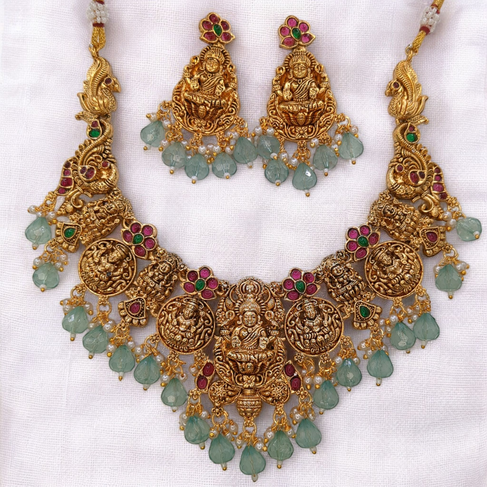 Luxmi Tempel Halskette mit Ohrringe - gold | mint