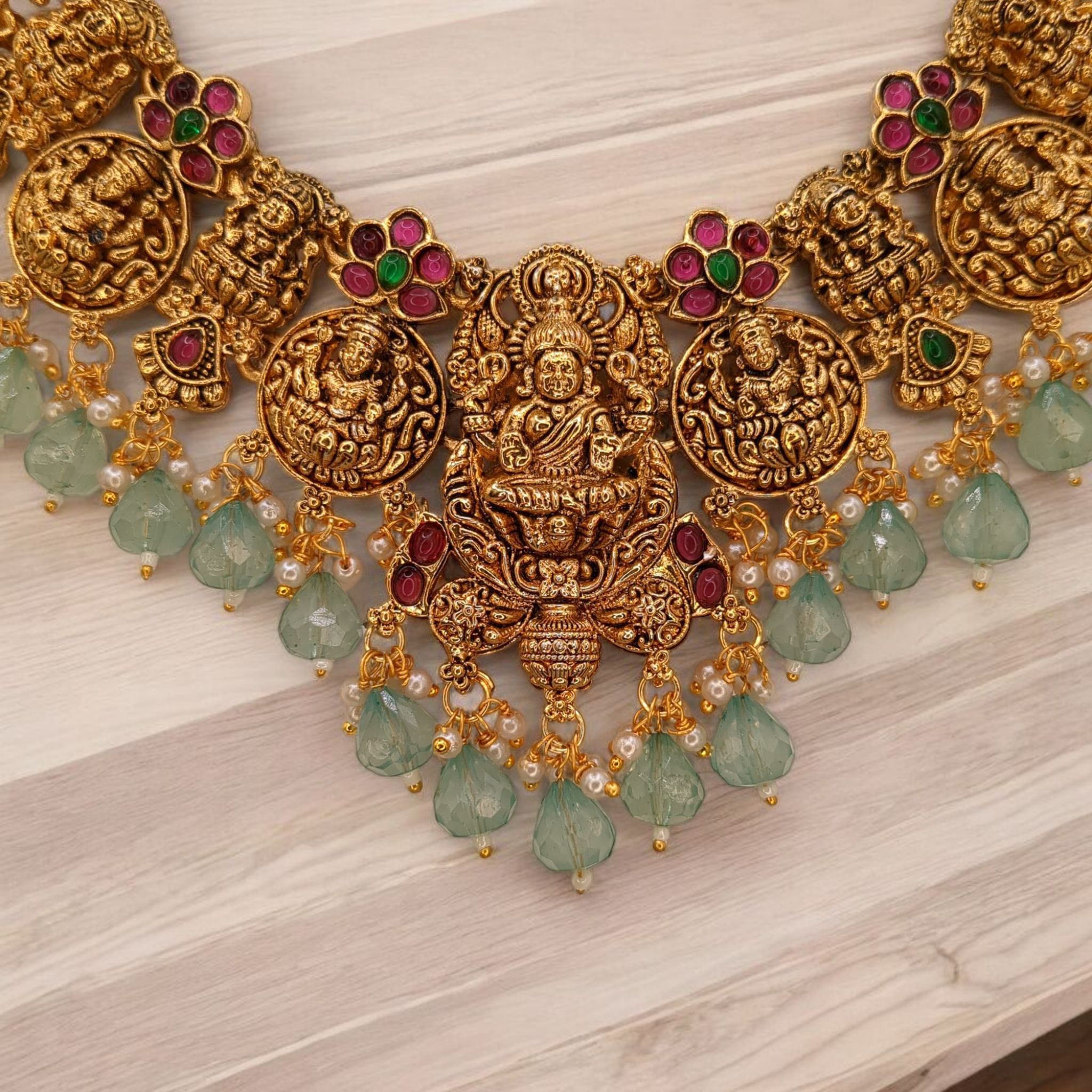 Luxmi Tempel Halskette mit Ohrringe - gold | mint