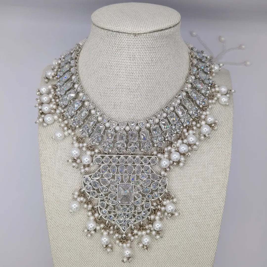 Polki Braut Halskette mit Ohrringe & Tikka - Silber