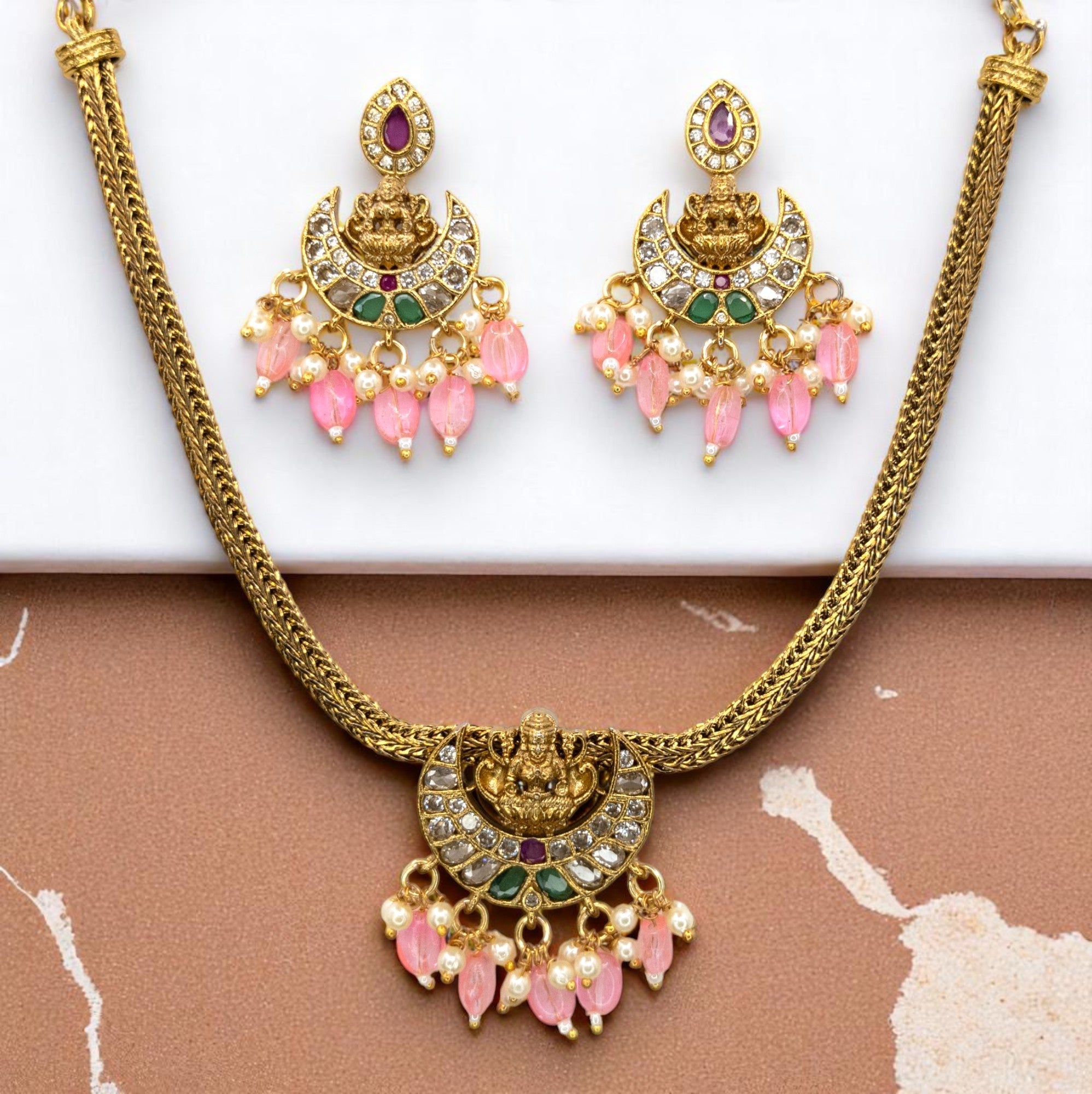Tempel Halskette gold | Peach | mit Ohrringe