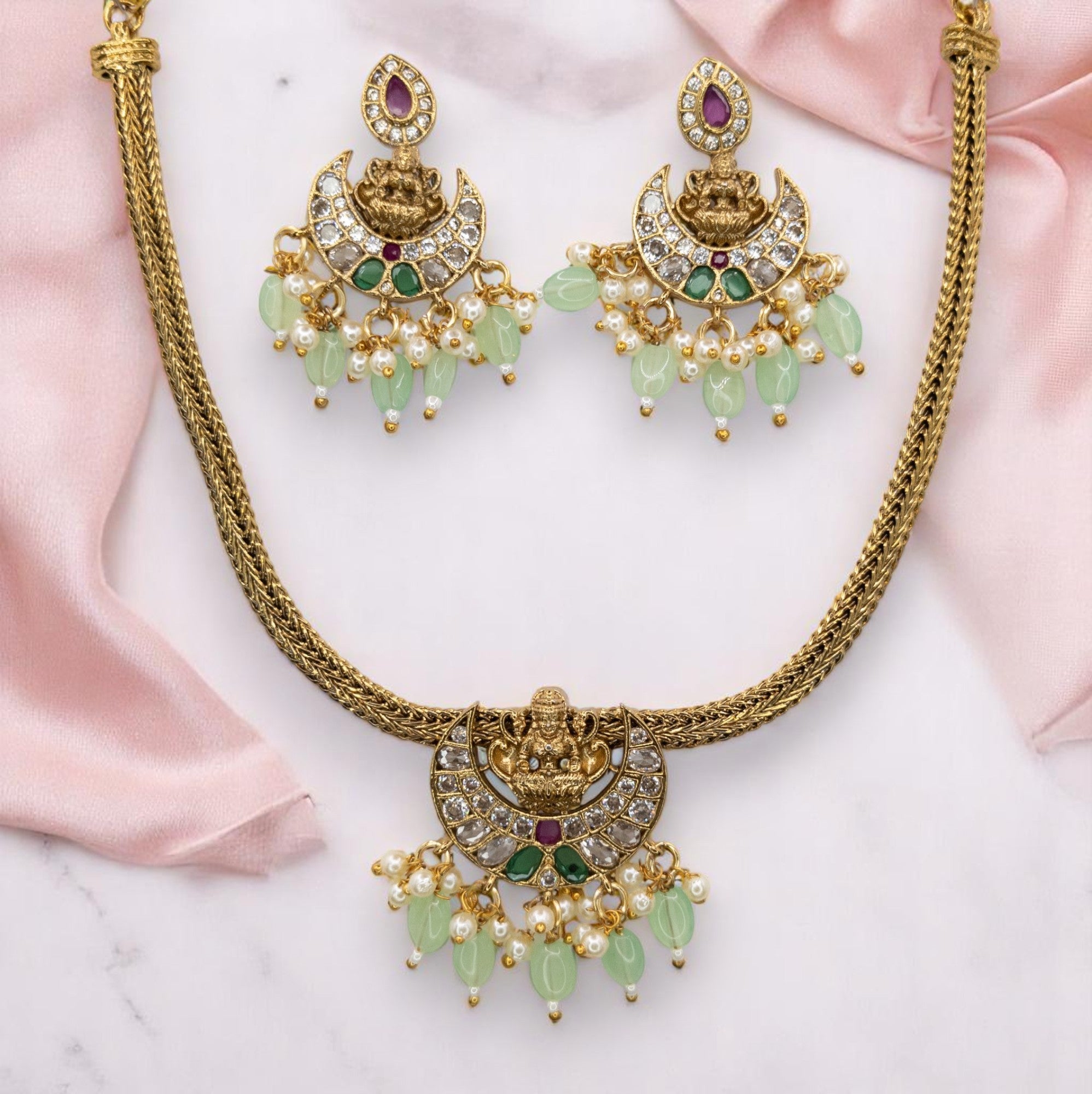 Tempel Halskette gold | mint | mit Ohrringe