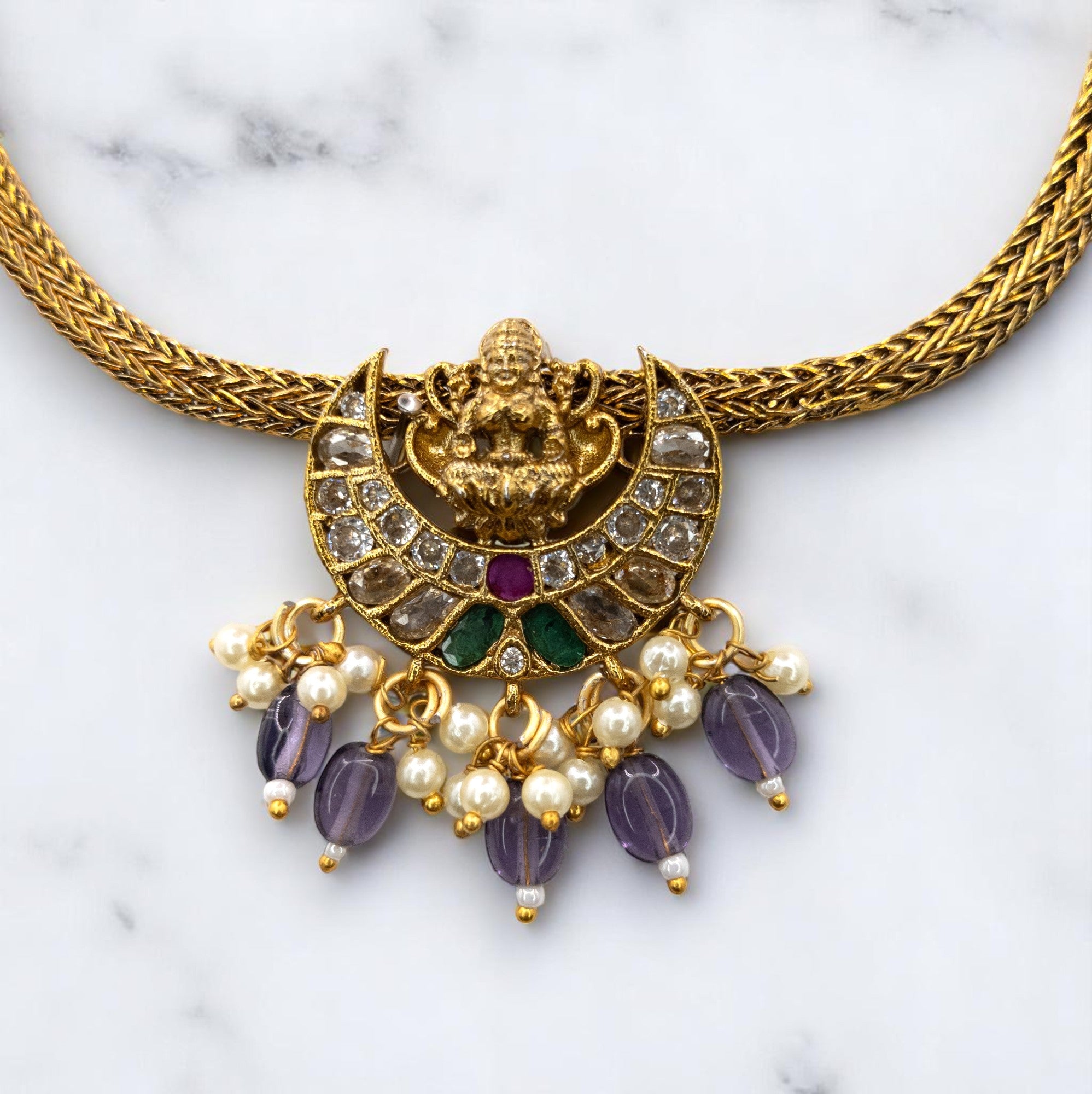 Tempel Halskette gold | Lila | mit Ohrringe