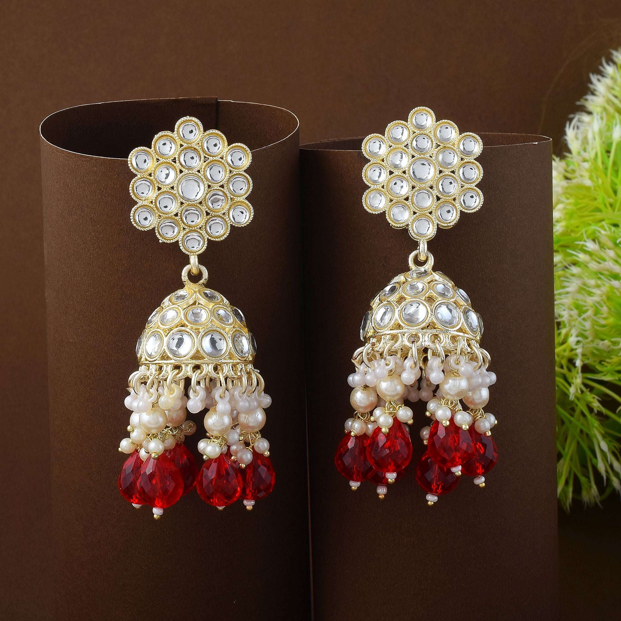 Kundan Earrings - Jumkha | gold | Peach