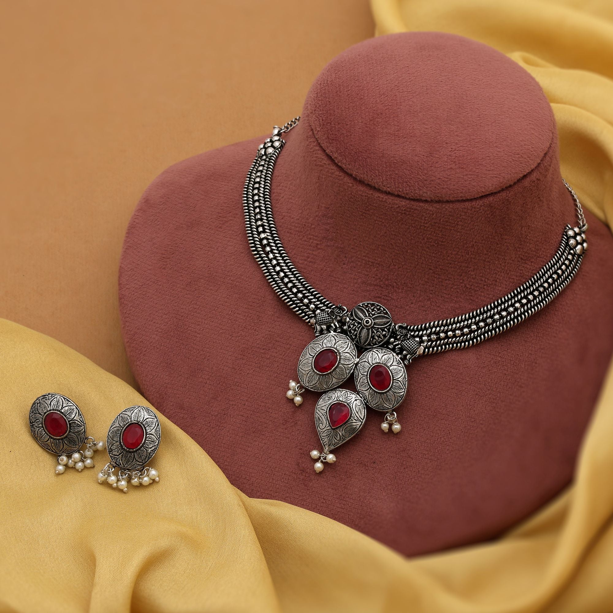 Halskette mit Ohrringe - Oxidiert | magenta