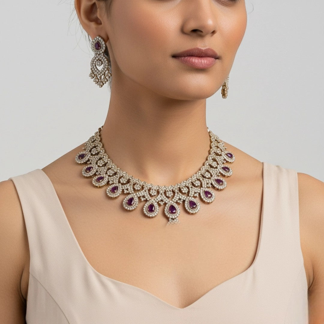 Victorian Halskette mit Ohrringe - gold | magenta