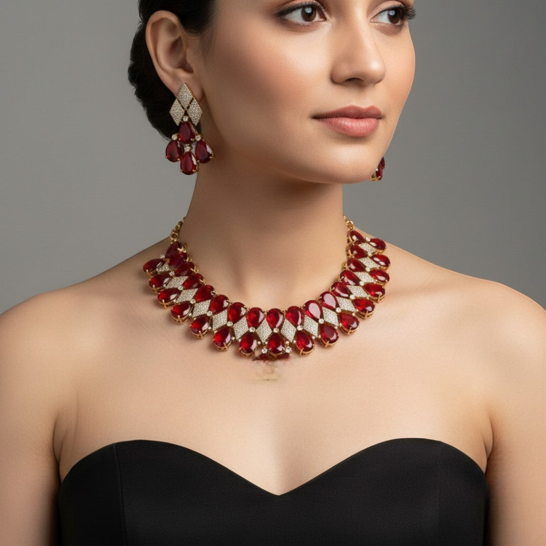 Victorian Halskette mit Ohrringe und tikka - gold | rot