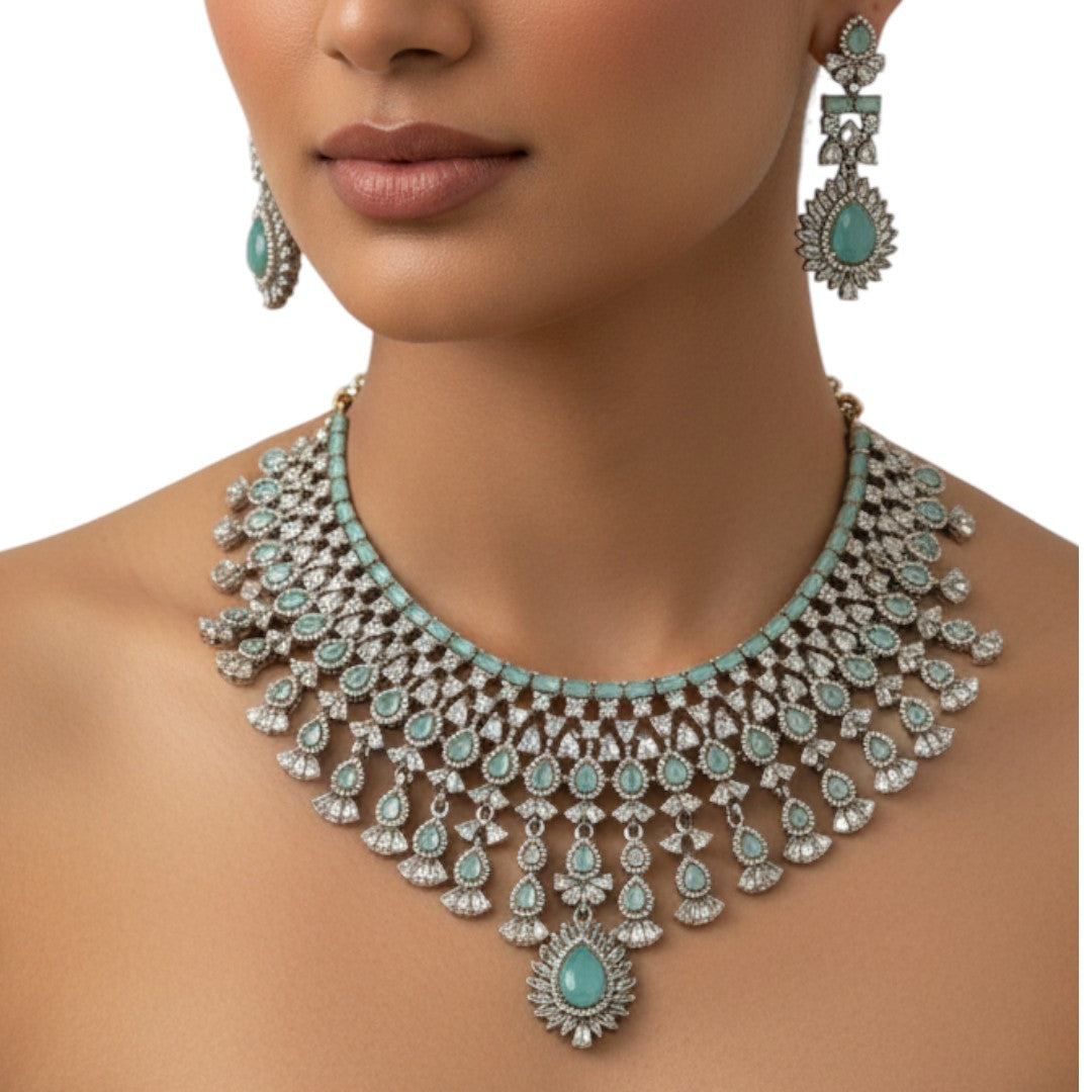 Victorian Halskette mit Ohrringe und tikka - gold | mint