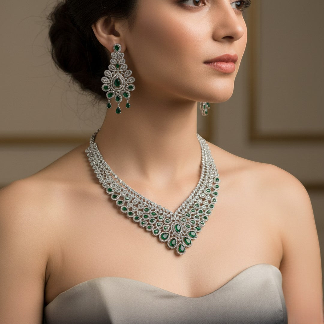 Victorian Halskette mit Ohrringe - silber | grün