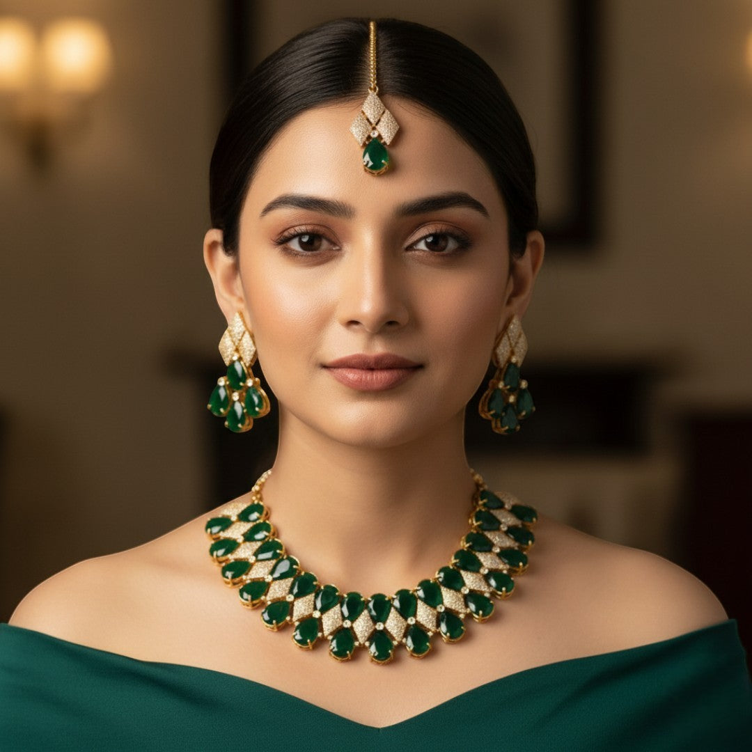 Victorian Halskette mit Ohrringe und tikka - gold | grün