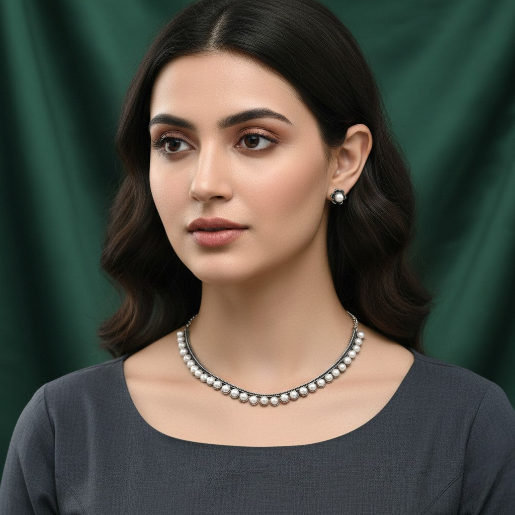 Halskette mit Ohrringe - Oxidiert | weiß