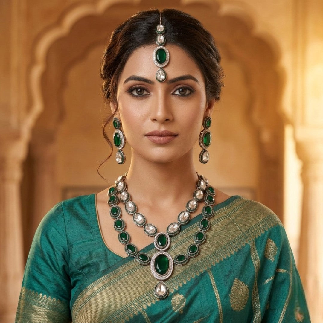 Kundan Halskette mit Ohrringe & Tikka - gold | grün
