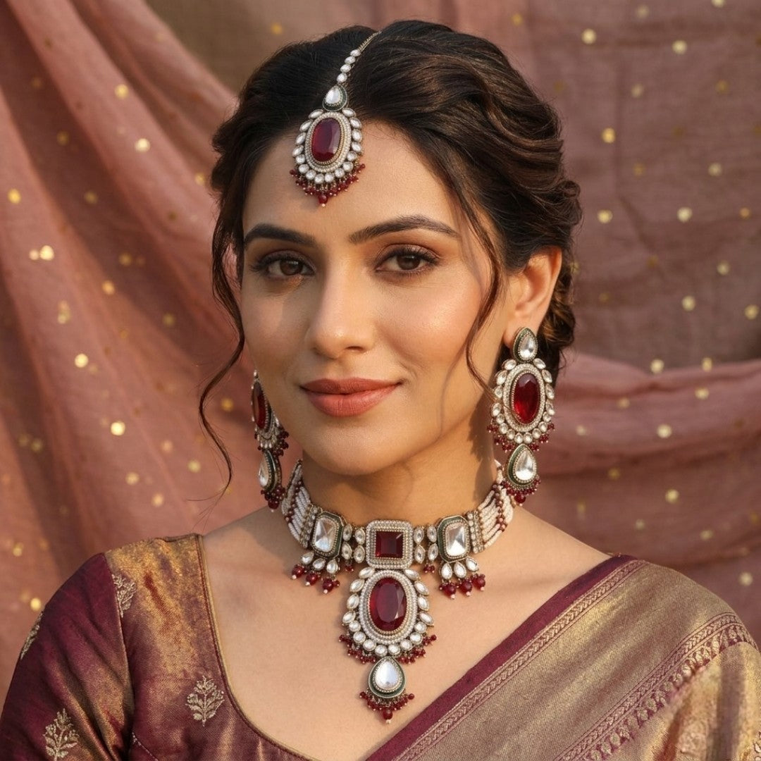 Kundan Halskette mit Ohrringe & Tikka - gold | maroon