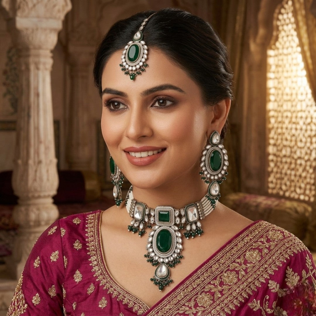 Kundan Halskette mit Ohrringe & Tikka - gold | grün