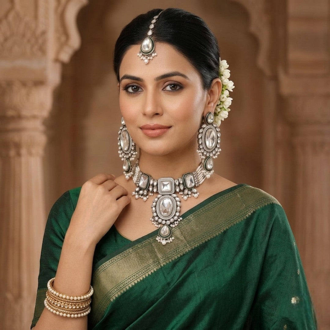 Kundan Halskette mit Ohrringe & Tikka - gold | weiß