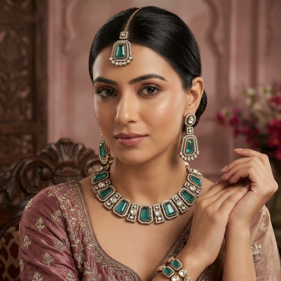 Kundan Halskette mit Ohrringe & Tikka - gold | türkis