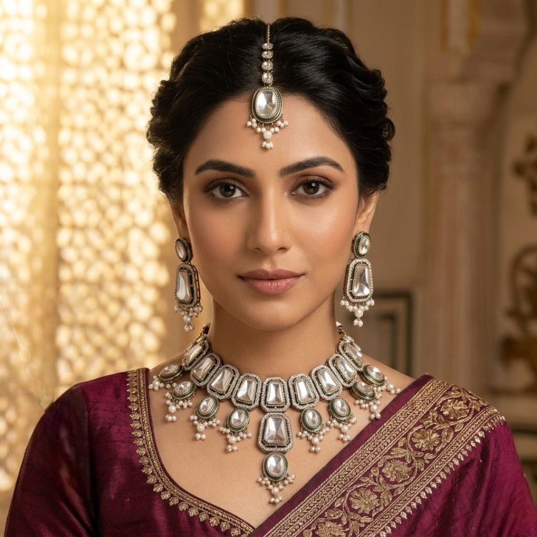 Kundan Halskette mit Ohrringe & Tikka - gold | weiß