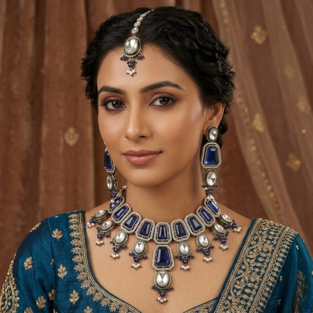 Kundan Halskette mit Ohrringe & Tikka - gold | blau