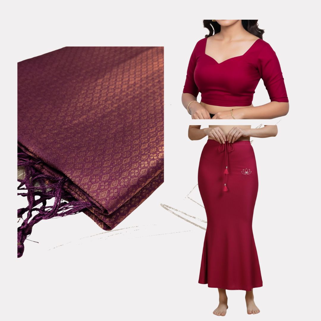 Alles-in-einem Saree Set |wein Rot – Soft Silk Saree + Blouse + Shapewear