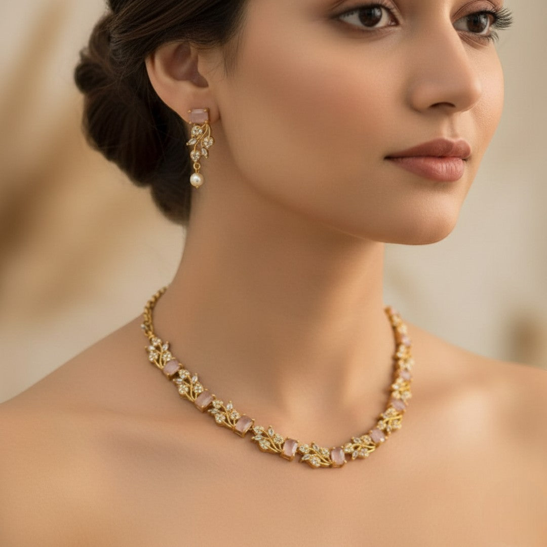 Trendy Halskette mit Ohrringe - gold | rosa