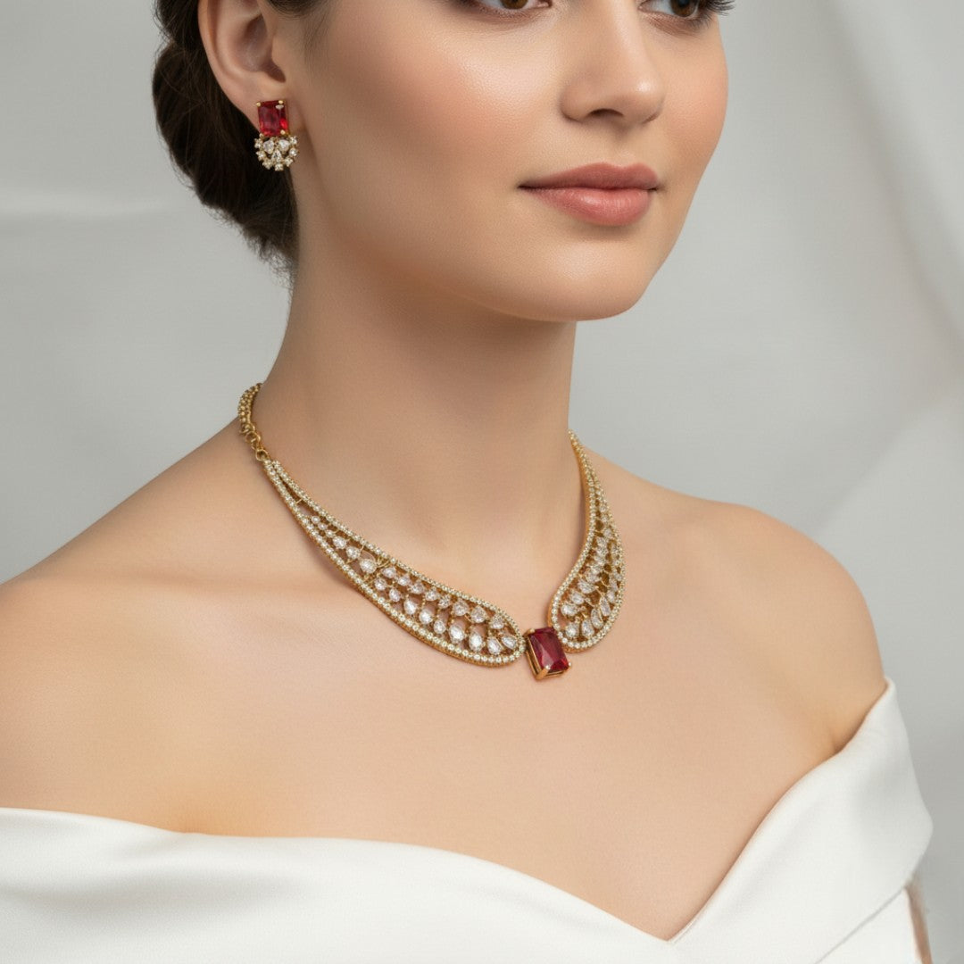 Trendy Halskette mit Ohrringe - gold | rot