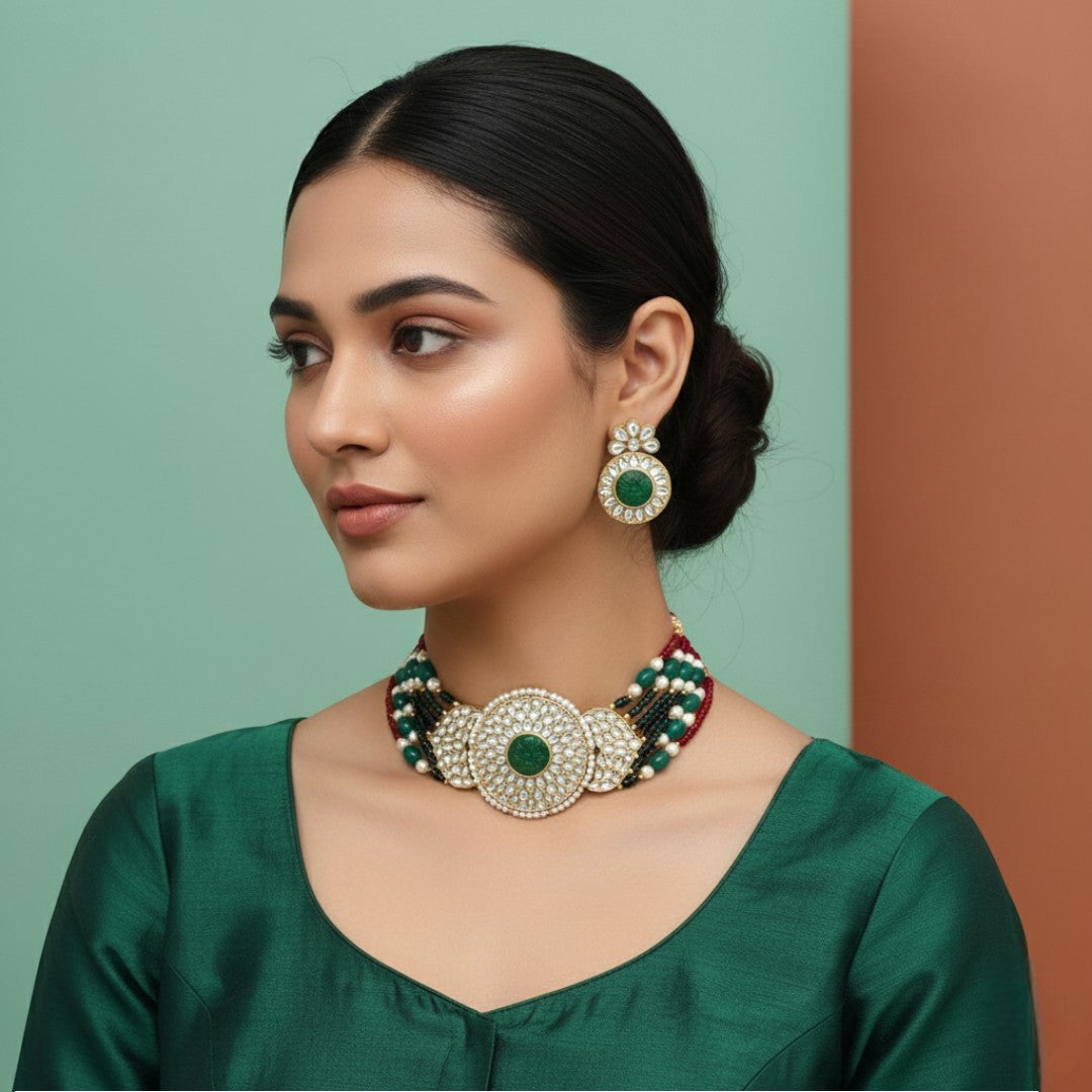 Kundan Choker Halskette mit Ohrringe - grün