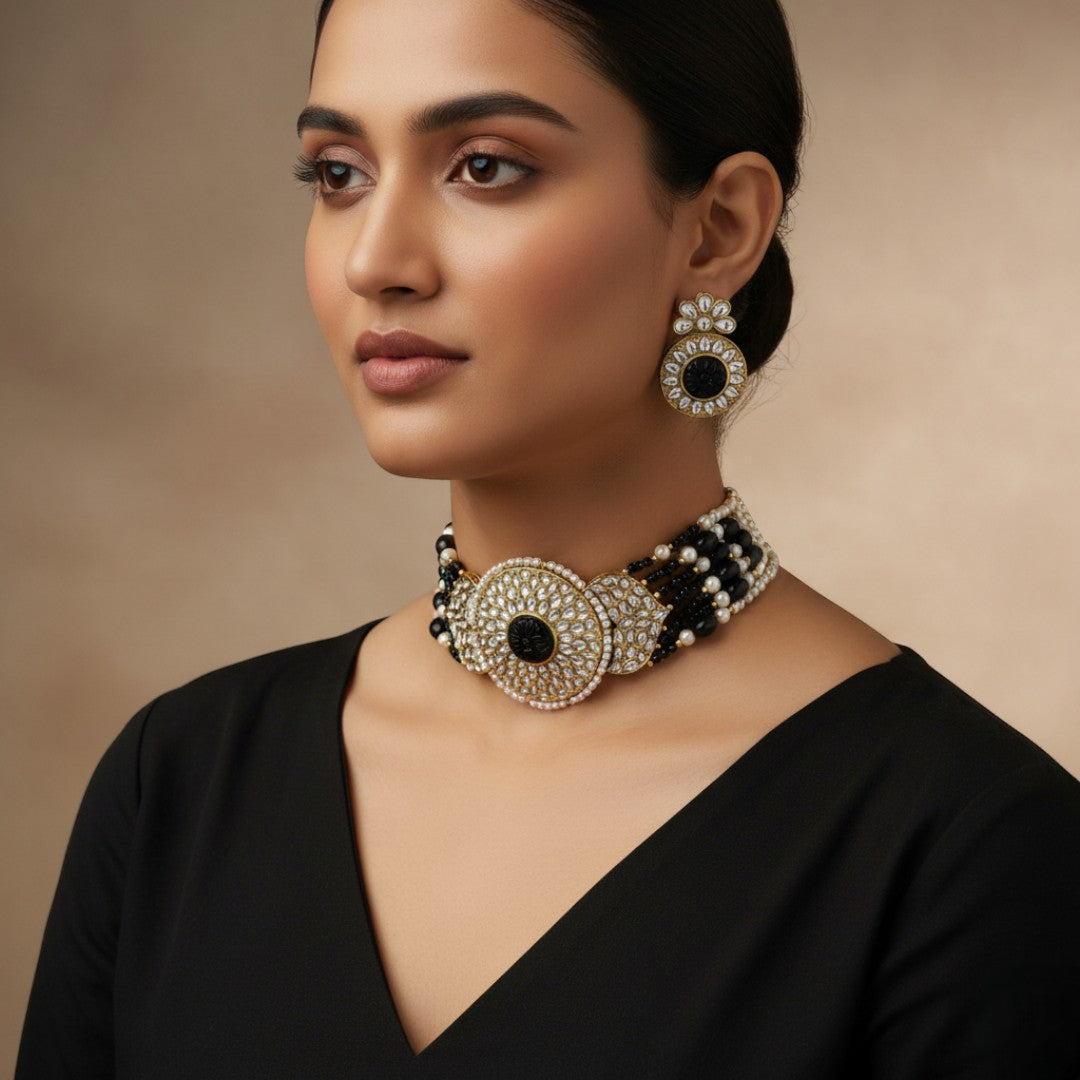 Kundan Choker Halskette mit Ohrringe - Schwarz