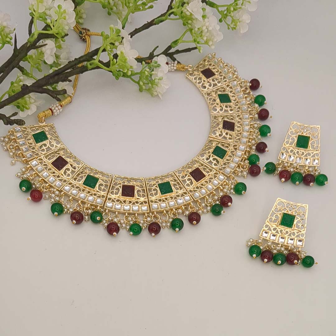 Kundan Halskette mit Ohrringe - grün | rot