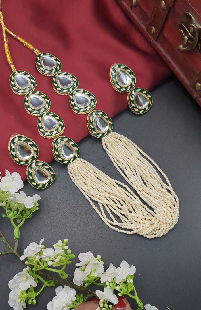 Kundan Halskette lang mit Ohrringe Set - weiß| Perlen - Lange