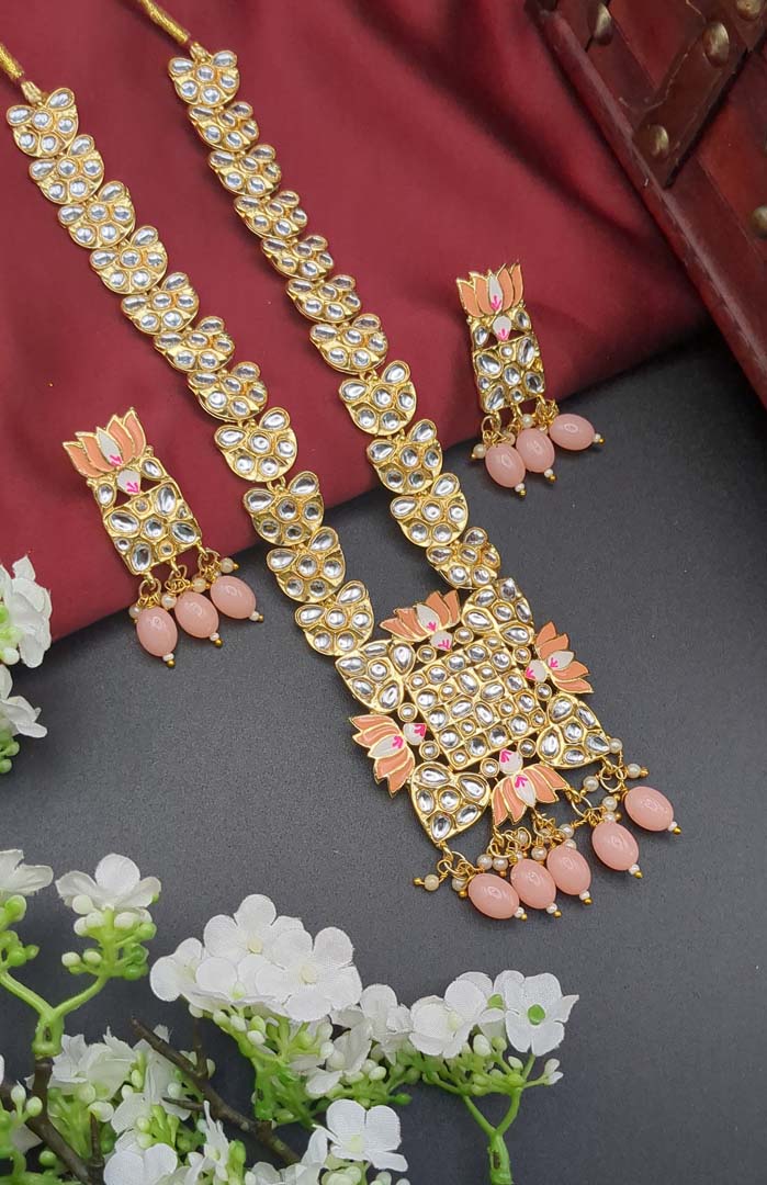 Kundan Kette lang mit Ohrringe - Peach |Perlen - Lange